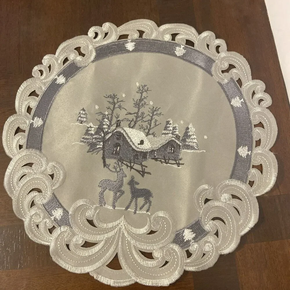 Vintage Christmas Embroidered 11” Round Doily Table Mat Cabin Deer Cutout Lace